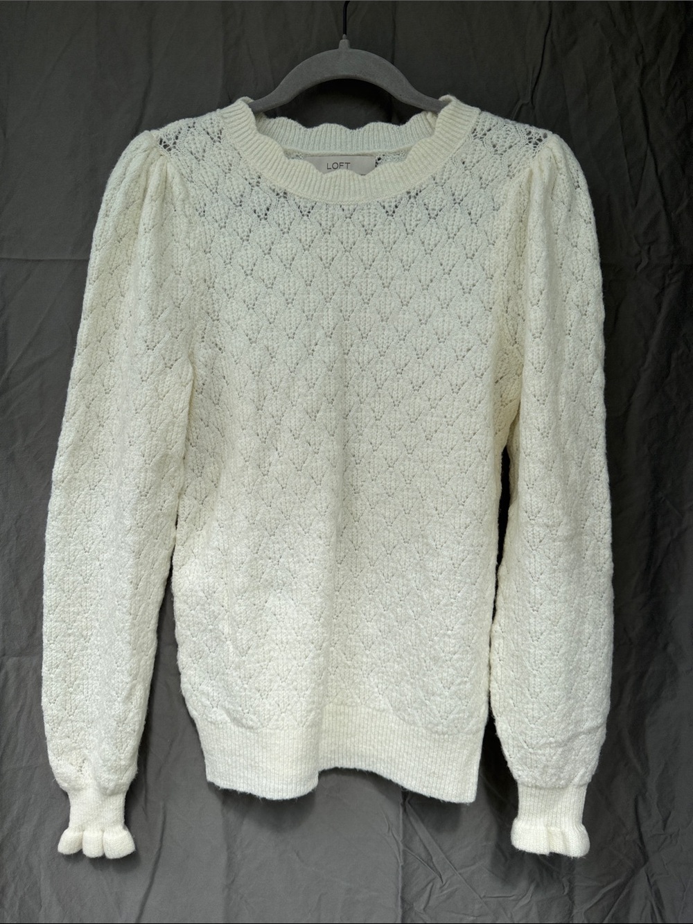 LOFT Cream Cable-Textured Puff-Sleeve Sweater